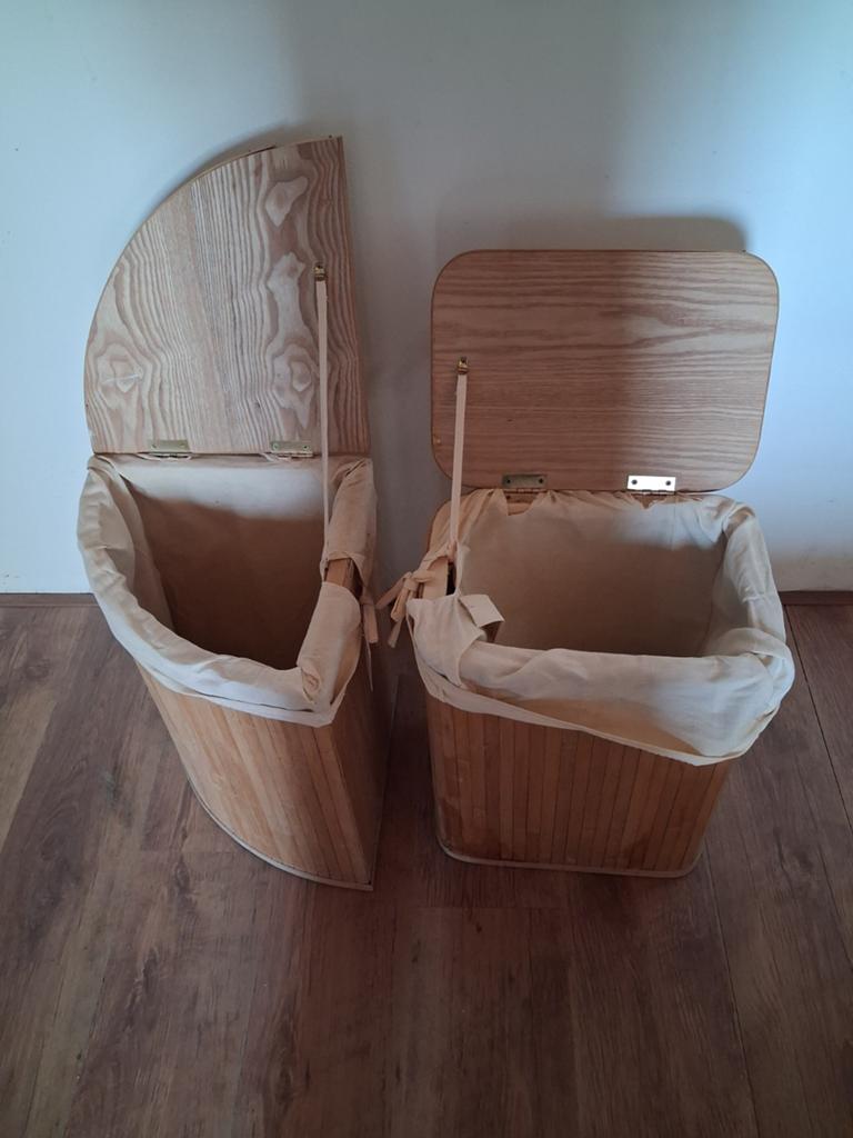 Set van 2 bamboe wasmanden: vierkant en driehoekig, Ophalen, Gebruikt, Beige, Natuurlijk materiaal