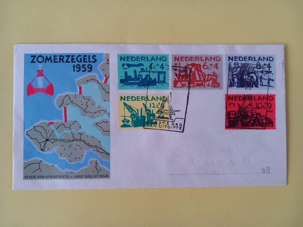 1959 Zomerzegels FDC E38 met open klep e3, Postzegels en Munten, Postzegels | Eerstedagenveloppen, Verzenden, Beschreven, Nederland