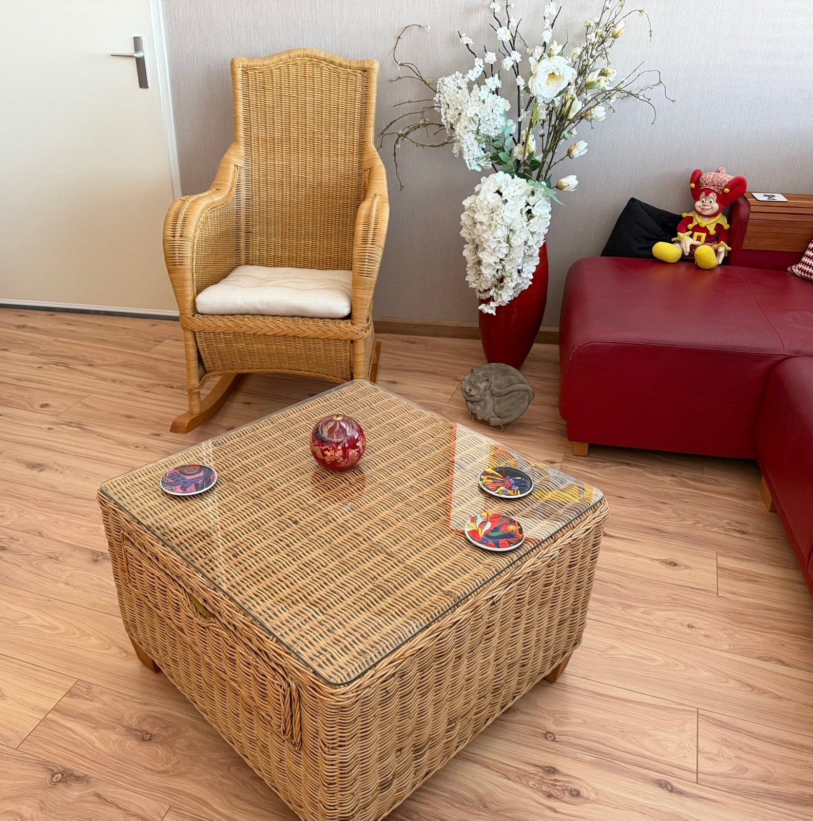 Rotan schommelstoel + rotan salontafel, Ophalen, 50 tot 100 cm, Vierkant, 50 tot 100 cm