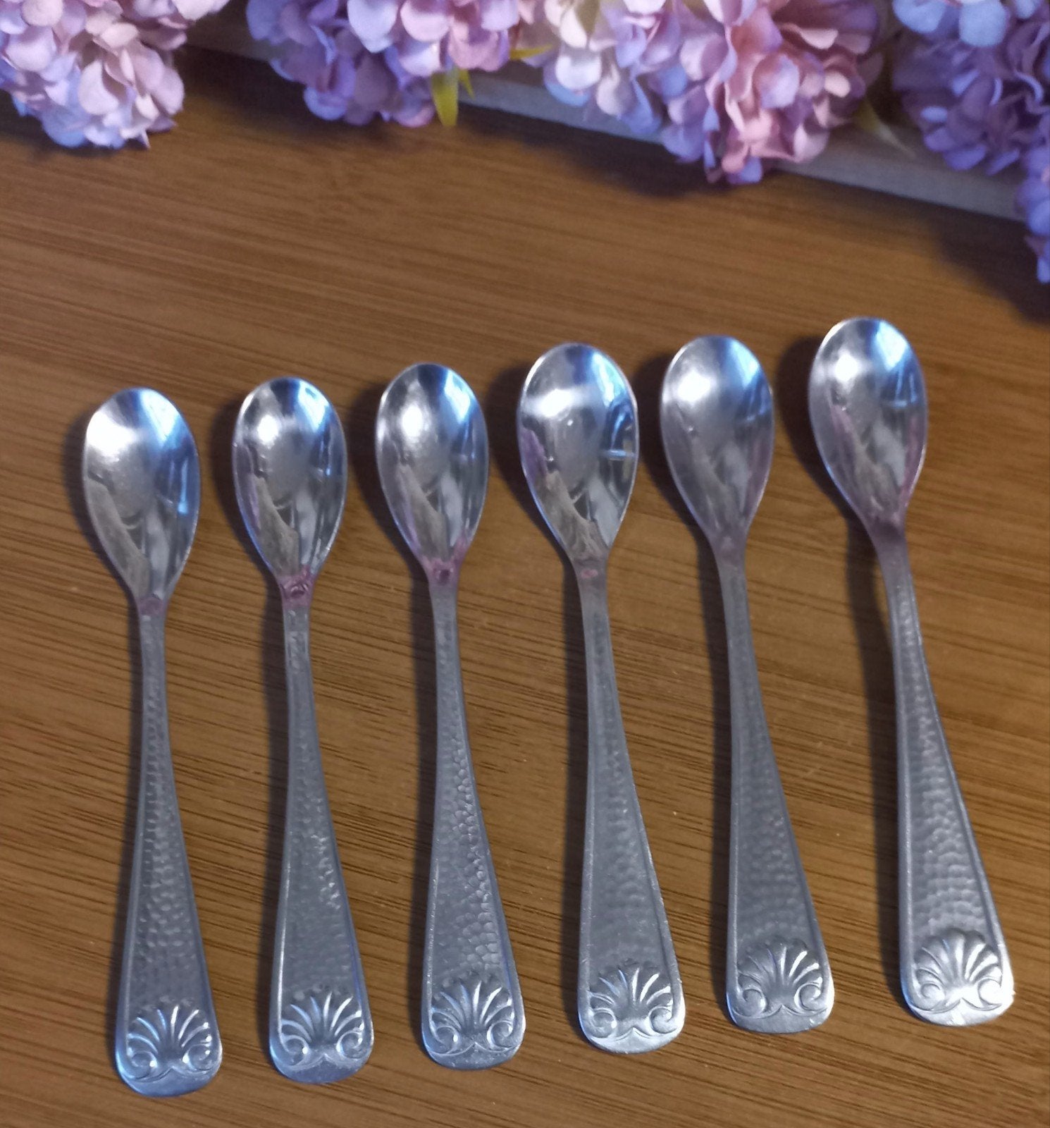 6 brocante theelepeltjes, Sola, gehamerd, schelp motief, Ophalen of Verzenden