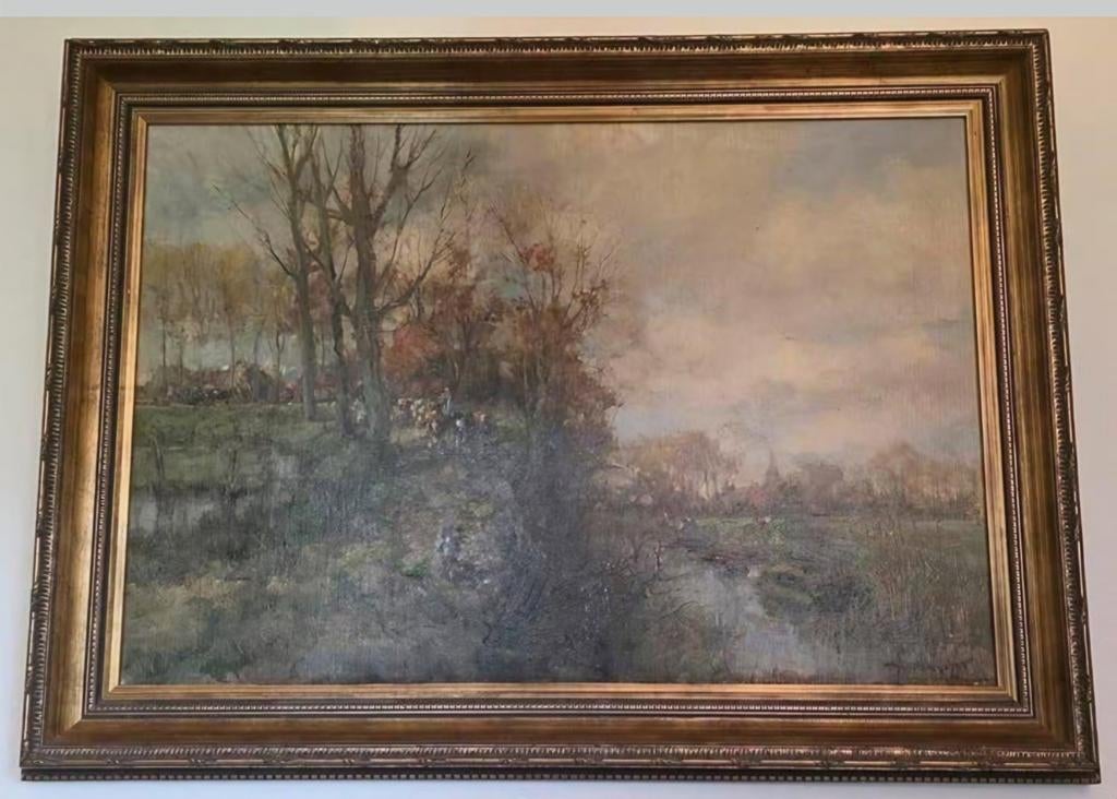 Landschap Olieverf Schilderij 19e Eeuw, Vergulde Lijst, Antiek en Kunst, Ophalen