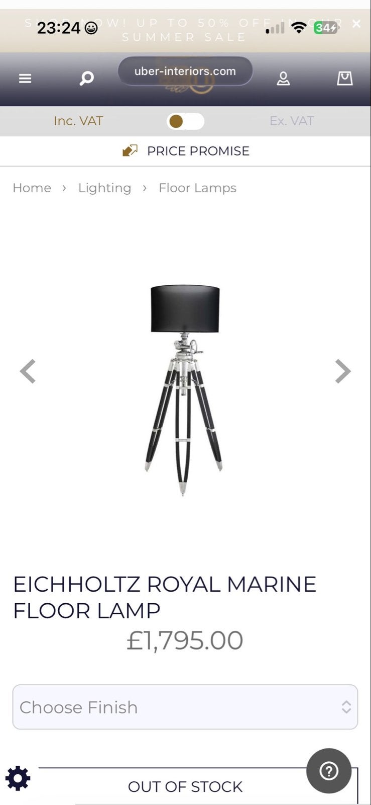 Eichholtz Royal Marine Vloerlamp - Zwart/Zilver, Ophalen, E27 (groot), Zo goed als nieuw, 150 tot 200 cm