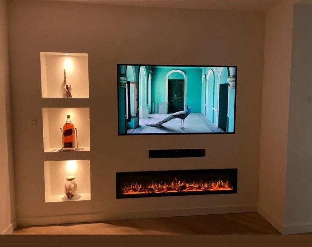 Cinewall op maat met verlichte nissen en sfeerhaard, Huis en Inrichting, Modern, Ophalen, Nieuw, Overige typen