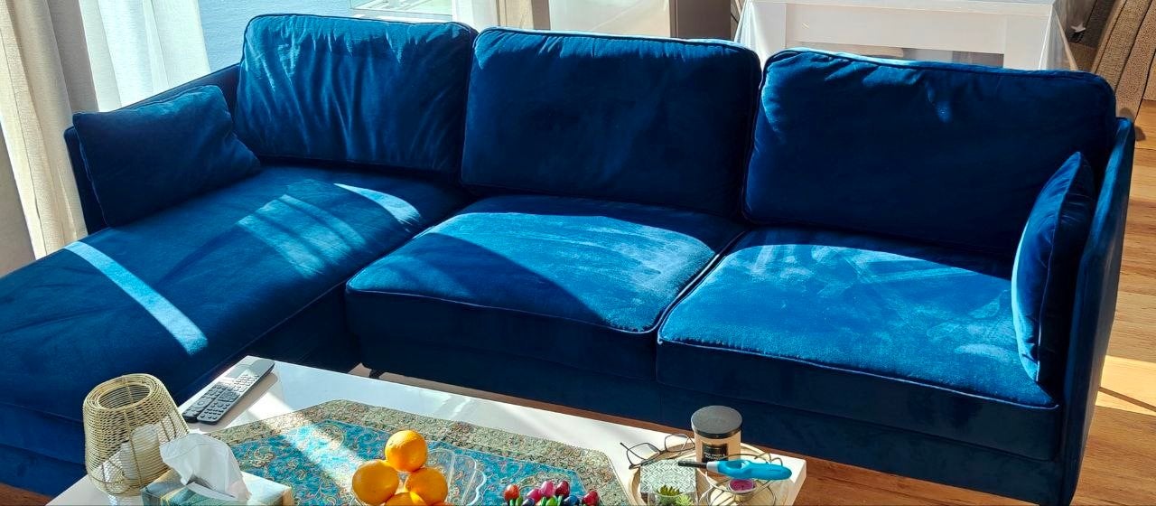 Stijlvolle Hoekbank in Diepblauw Fluweel, Ophalen, Gebruikt, Stof, Modern, Klassiek, Luxe