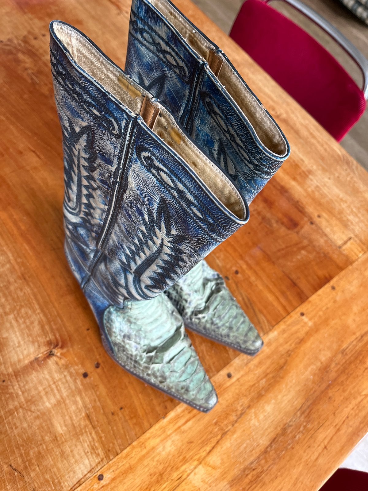 Unieke blauwe cowboylaarzen met slangenleer, maat 38, Hoge laarzen, Blauw, Ophalen of Verzenden, Gedragen