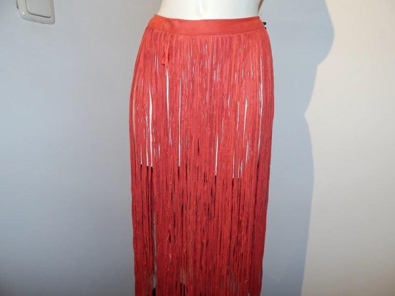 Elisabetta Franchi franje riem/ over rok suede achtige look, Roze, Maat 36 (S), Gedragen, Onder de knie