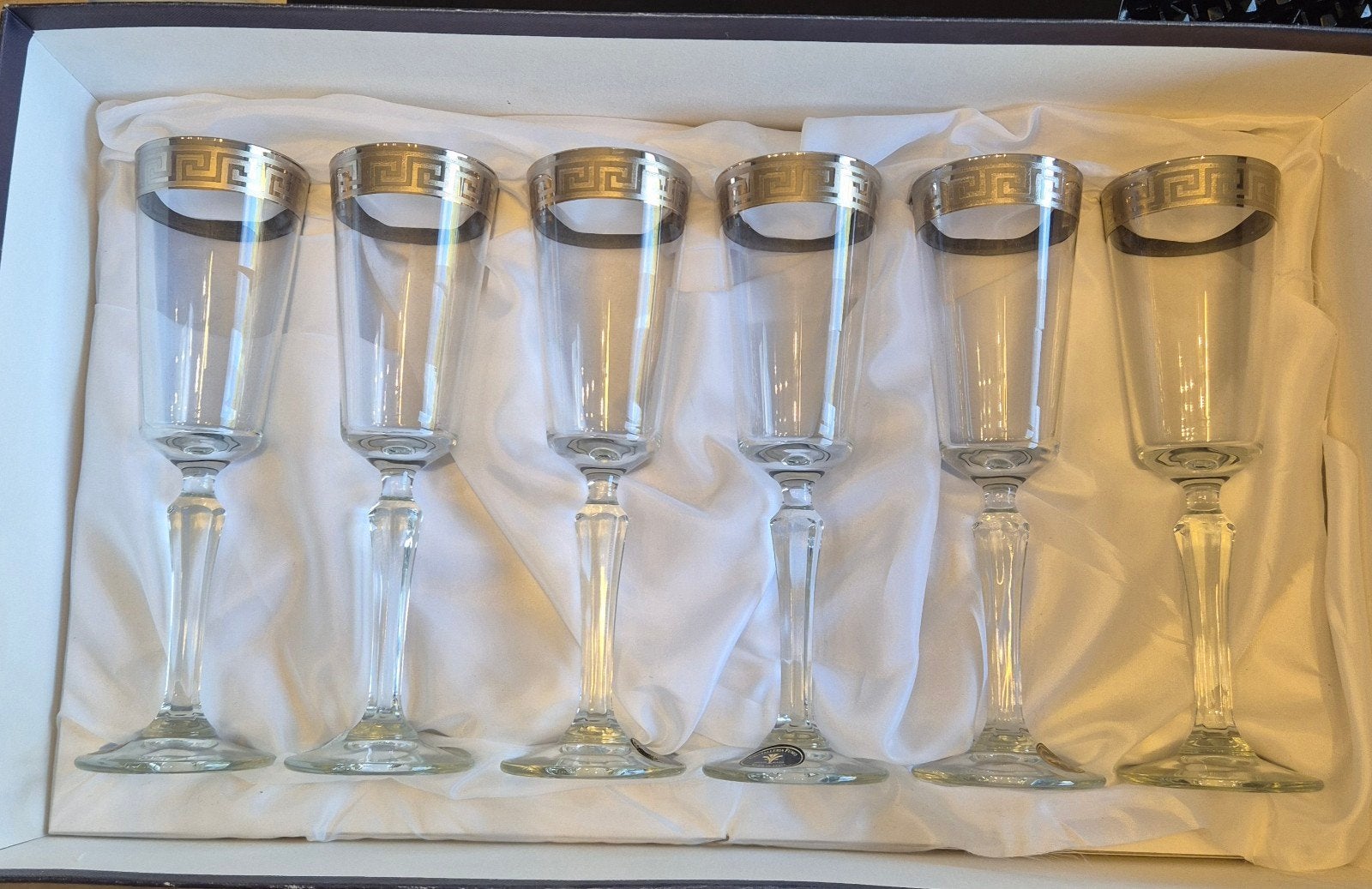 Set van 6 nieuwe champagneglazen met Griekse rand, Nieuw, Ophalen of Verzenden, Klassiek, Glas