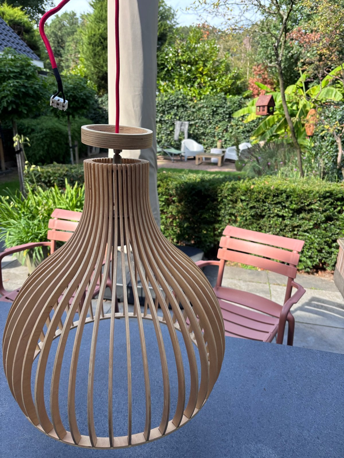 Houten hanglamp - Modern design, Ophalen of Verzenden, Zo goed als nieuw, Hout, E27 (groot)
