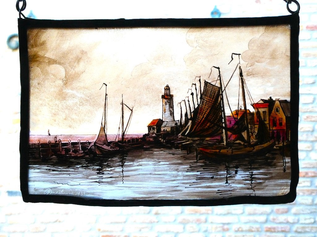Glas in lood Gezicht op de haven Urk Gerard Mesterom, Ophalen of Verzenden