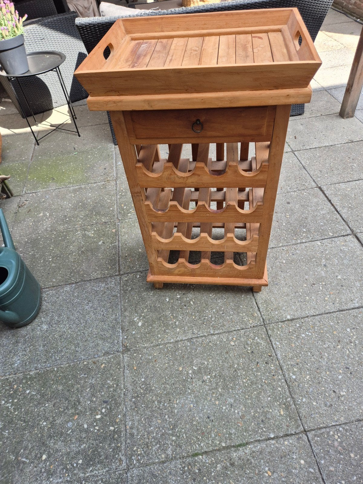 Houten wijnrek met lade en dienblad, Ophalen, Gebruikt, Hout, 15 tot 25 flessen