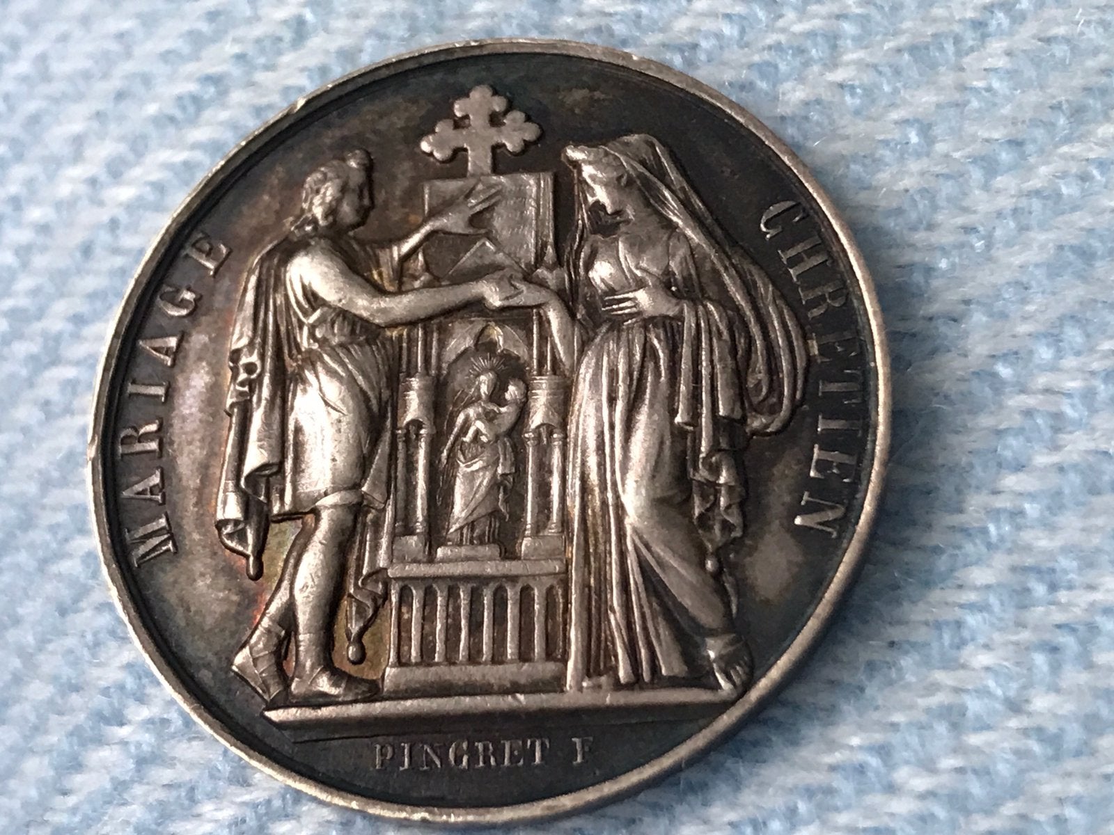 Franse zilveren huwelijksmedaille Mariage Chrétien 150 jaar, Ophalen, Zilver