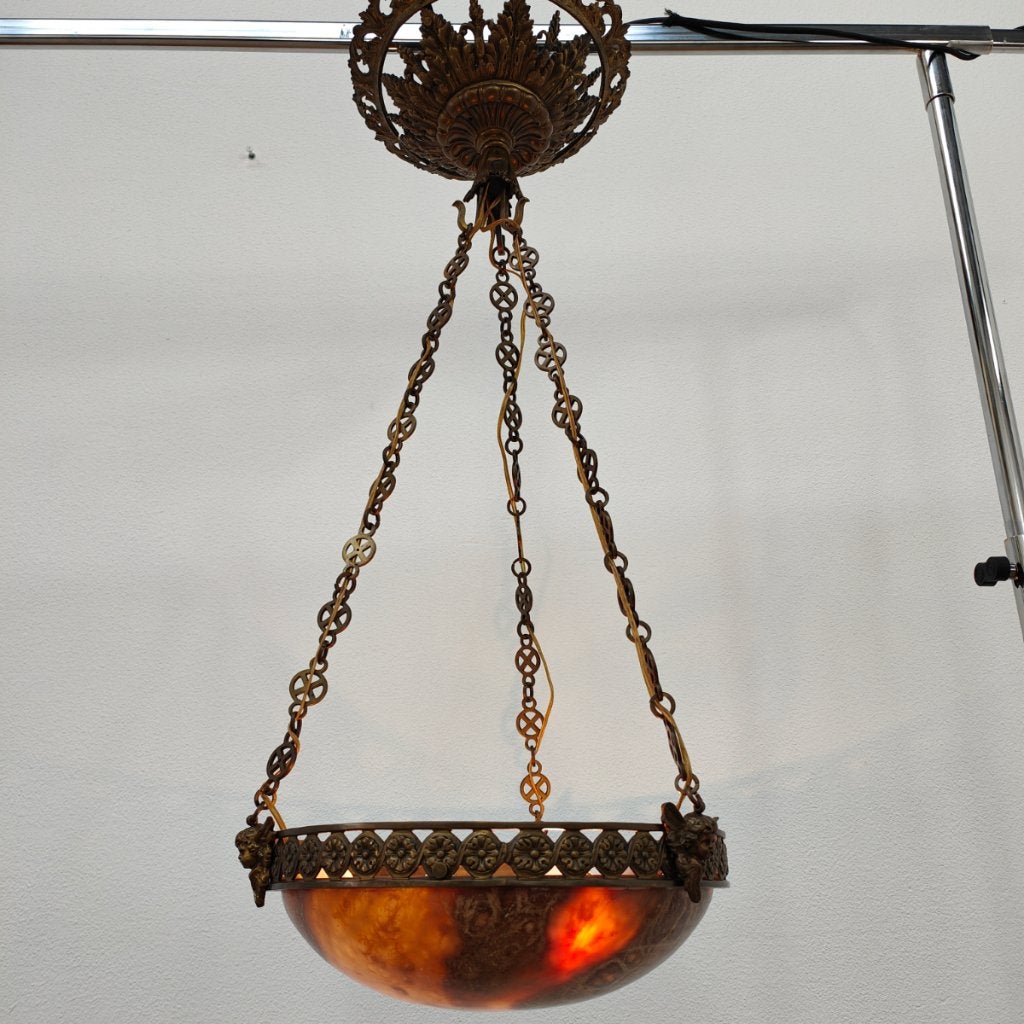 Antiek brocante Albaster en messing Hanglamp, Plafondlamp, Ophalen of Verzenden