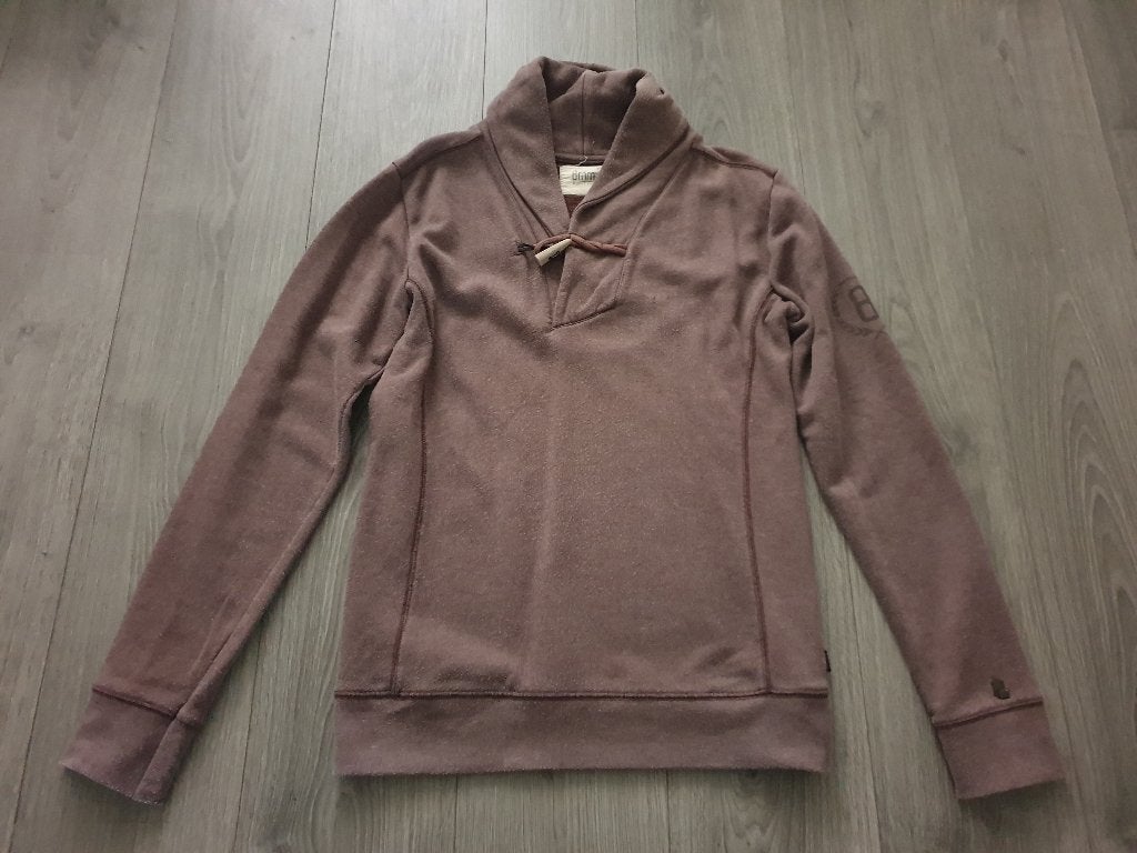 8MM bruine trui aparte kraag maat S ~ TH1004, Kleding | Heren, Truien en Vesten, Maat 52/54 (L), Bruin, Ophalen of Verzenden, Gedragen
