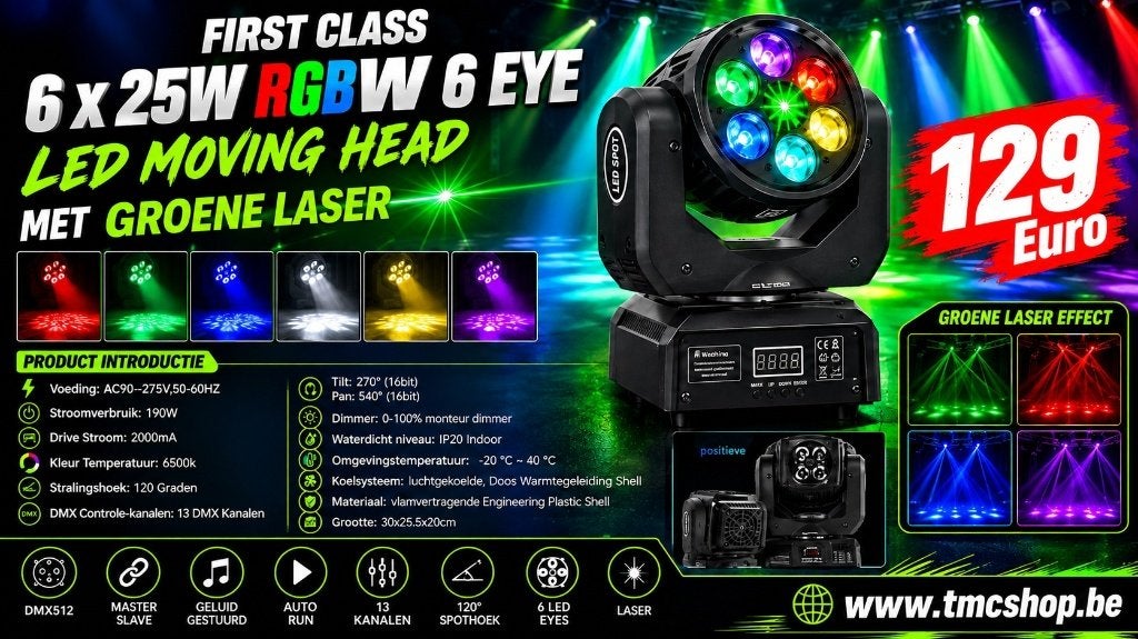 Nieuwe First Class 6 x 25W RGBW 6 Eye Led Moving Head, Ophalen of Verzenden, Nieuw, Licht, Geluidgestuurd