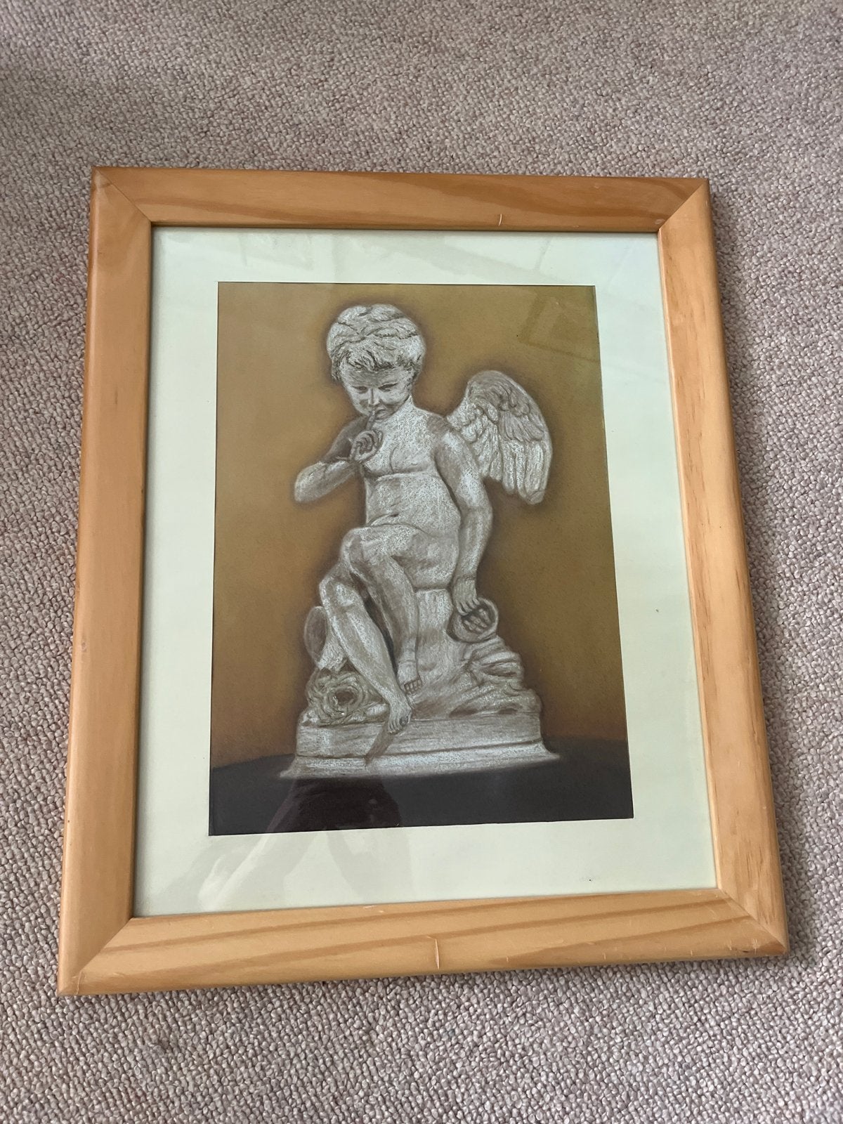 Ingelijste tekening van engel/putto, Antiek en Kunst, Ophalen, Tekening, Overige technieken, Achter glas
