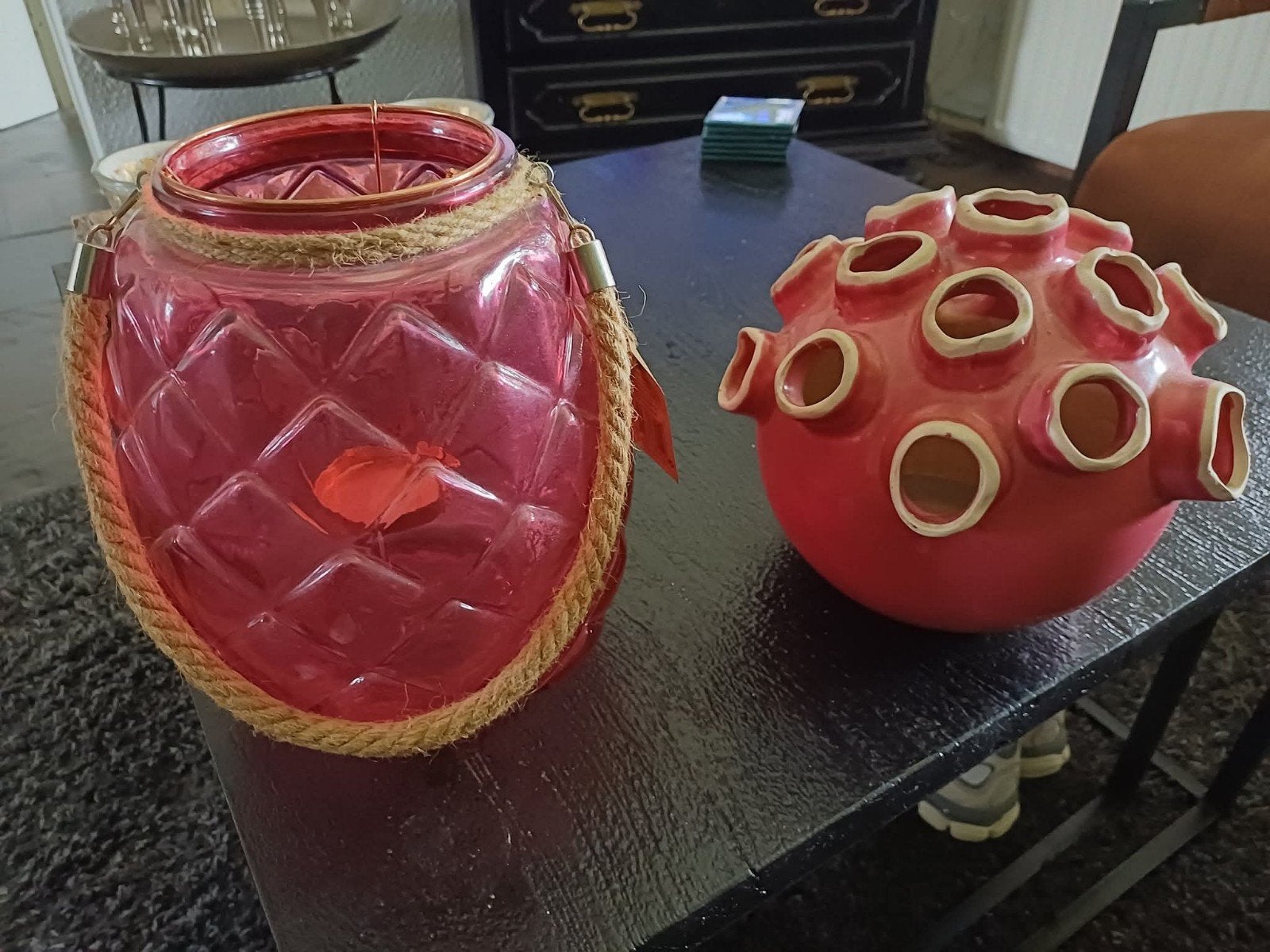 Decoratieve vaas/windlichten. - roze glas en keramiek, Ophalen of Verzenden