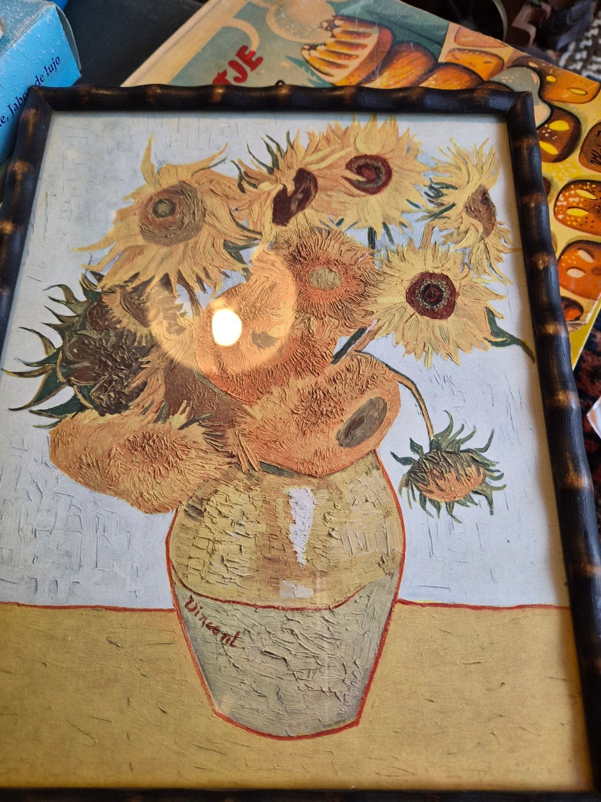 Zonnebloemen van Van Gogh in bamboe lijst, Ophalen of Verzenden