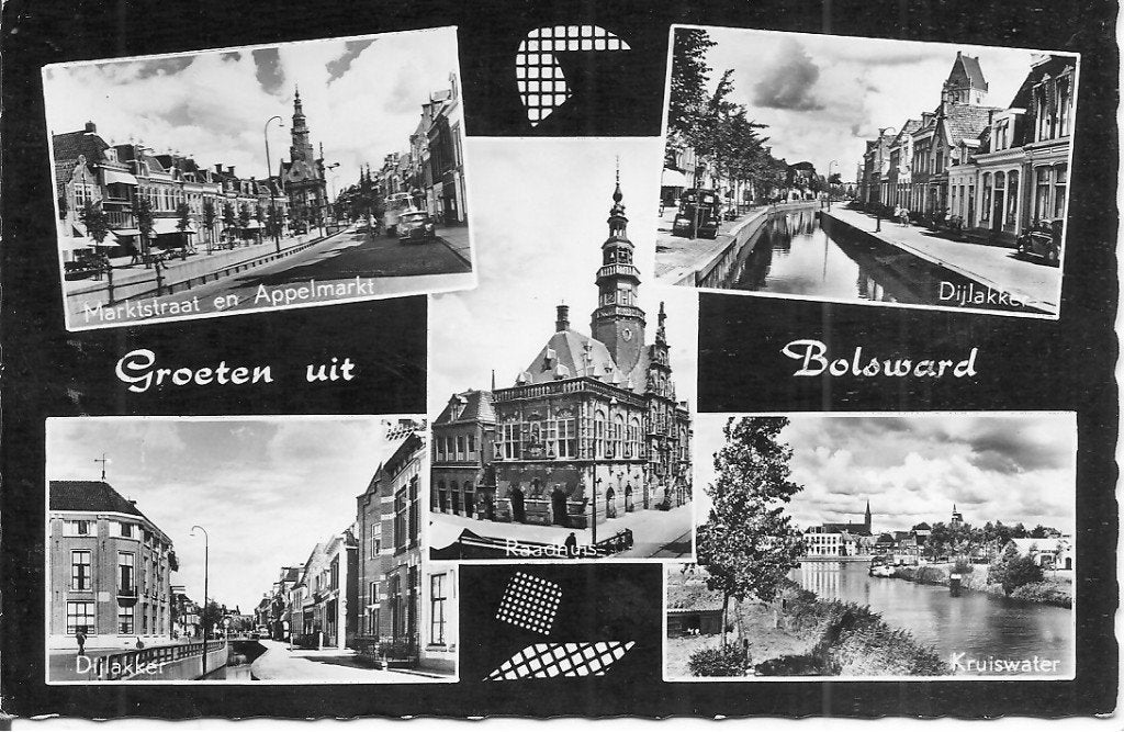 Groeten uit Bolsward - Markstraat, Dijlakker, Raadhuis,, Ophalen of Verzenden, 1960 tot 1980, Ongelopen, Friesland