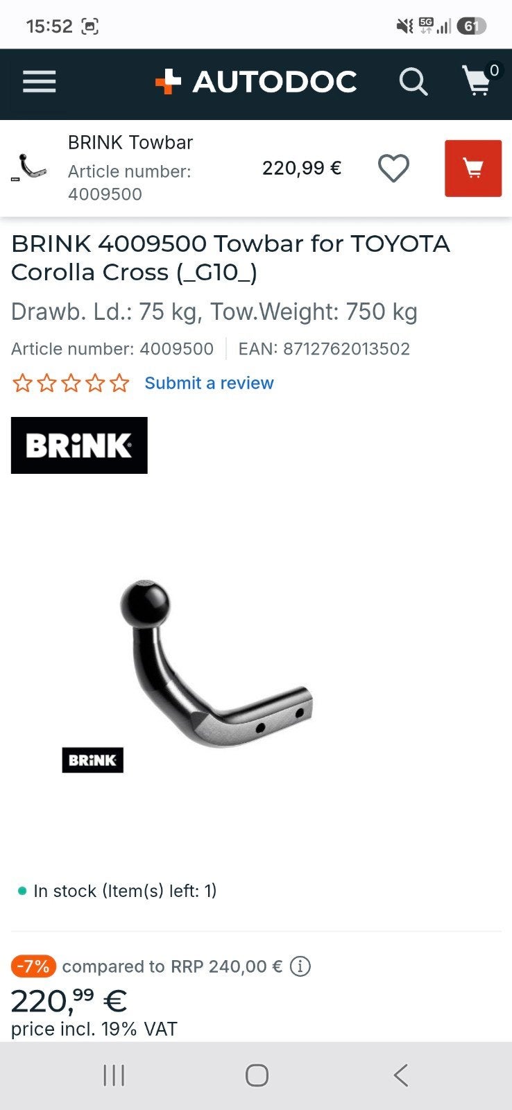 BRINK 4009500 Trekhaak voor Toyota Corolla Cross, Ophalen, Nieuw