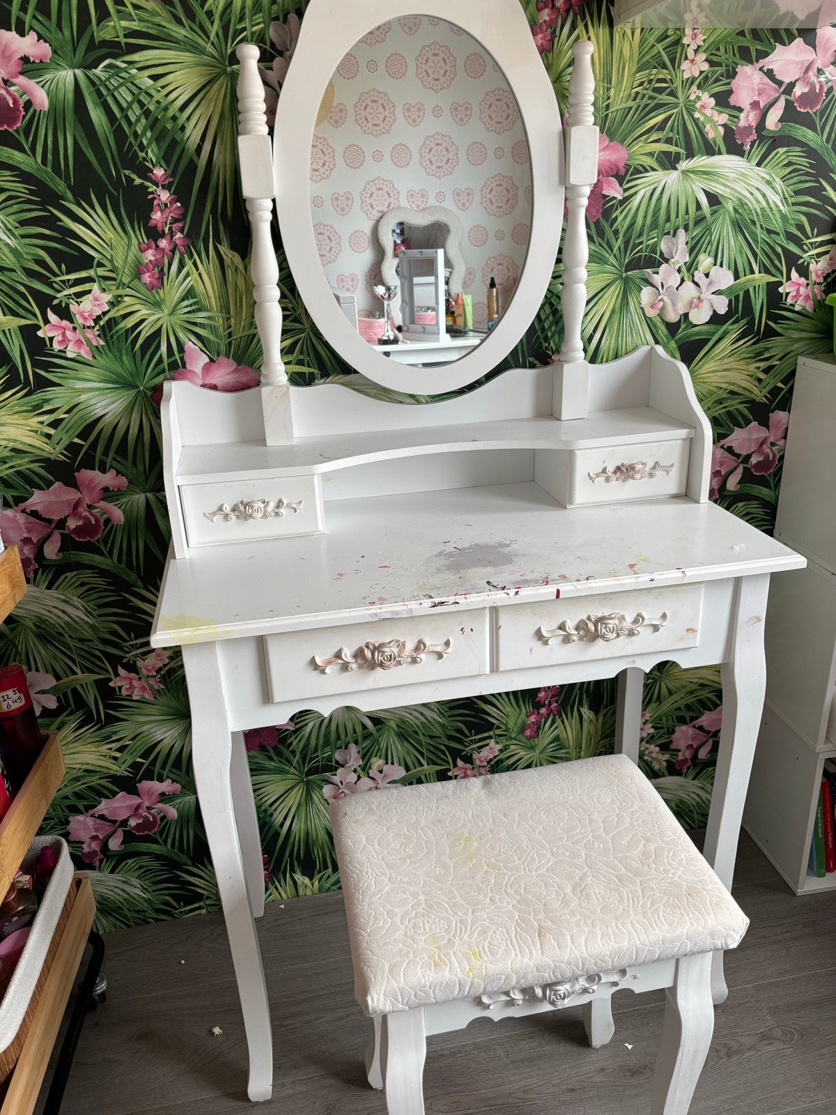 Witte kaptafel met spiegel en krukje - Gebruikt, Ophalen, Gebruikt, 100 tot 150 cm, 50 tot 100 cm