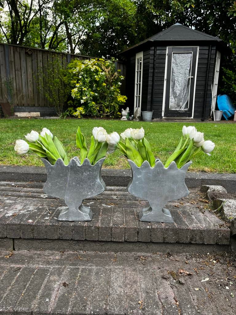 Zilverkleurige bloemen/planten vazen set van 2, Tuin en Terras, Bloembakken en Plantenbakken, Ophalen, Gebruikt, Rond, Binnen