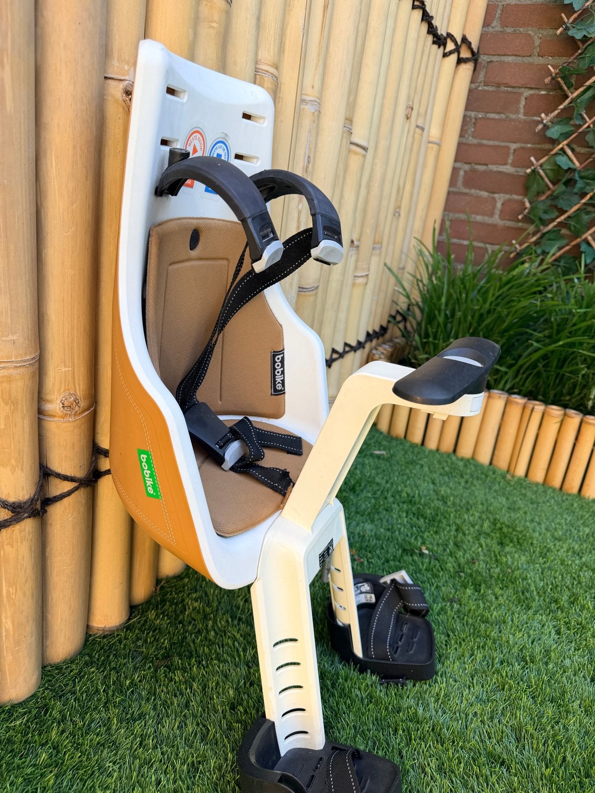 Bobike Mini Exclusive Camel Brown fietszitje, Ophalen, Gebruikt, Voetsteuntjes, Voorzitje