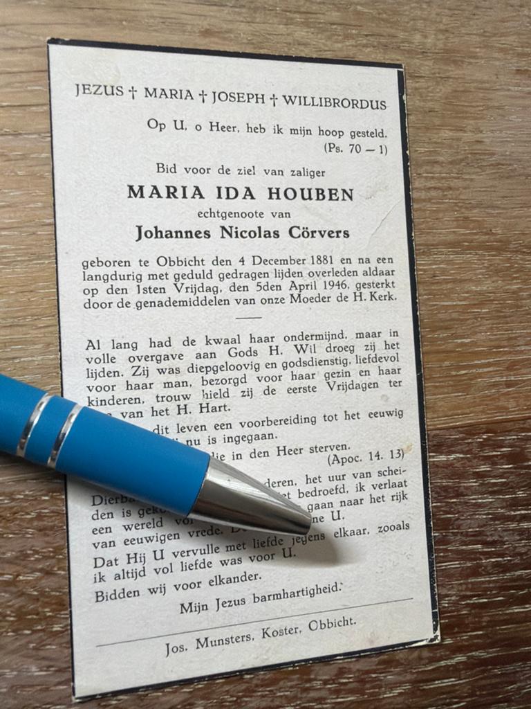 Houben maria 1881 Obbicht 1946 - E00825 -, Ophalen of Verzenden, Bidprentje