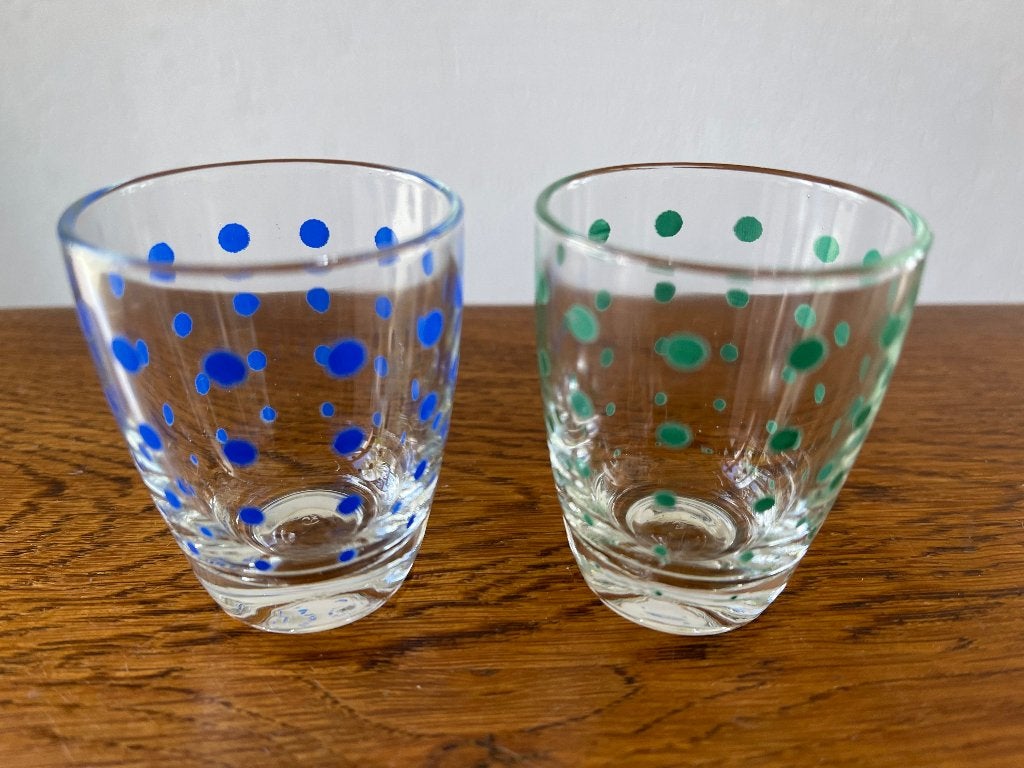 2 "Borrelglaasjes met Stippen" Blauw & Groen Jaren 60 Nieuw, Verzamelen, Retro, Ophalen of Verzenden, Huis en Inrichting