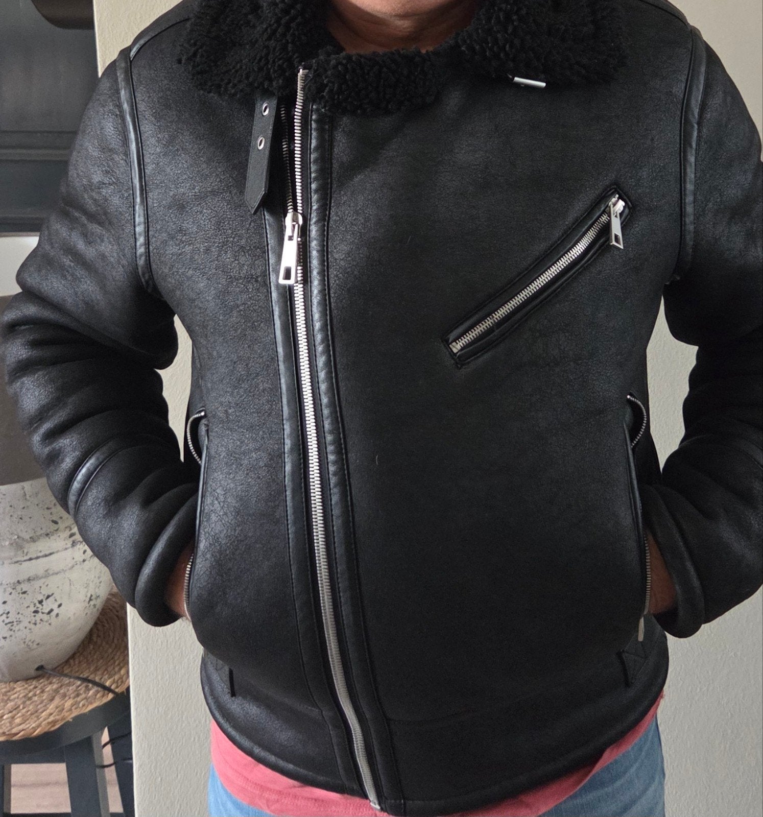 Heren Leren Jas met Bontkraag - Zwart, Kleding | Heren, Onbekend, Maat 48/50 (M), Zwart, Ophalen of Verzenden