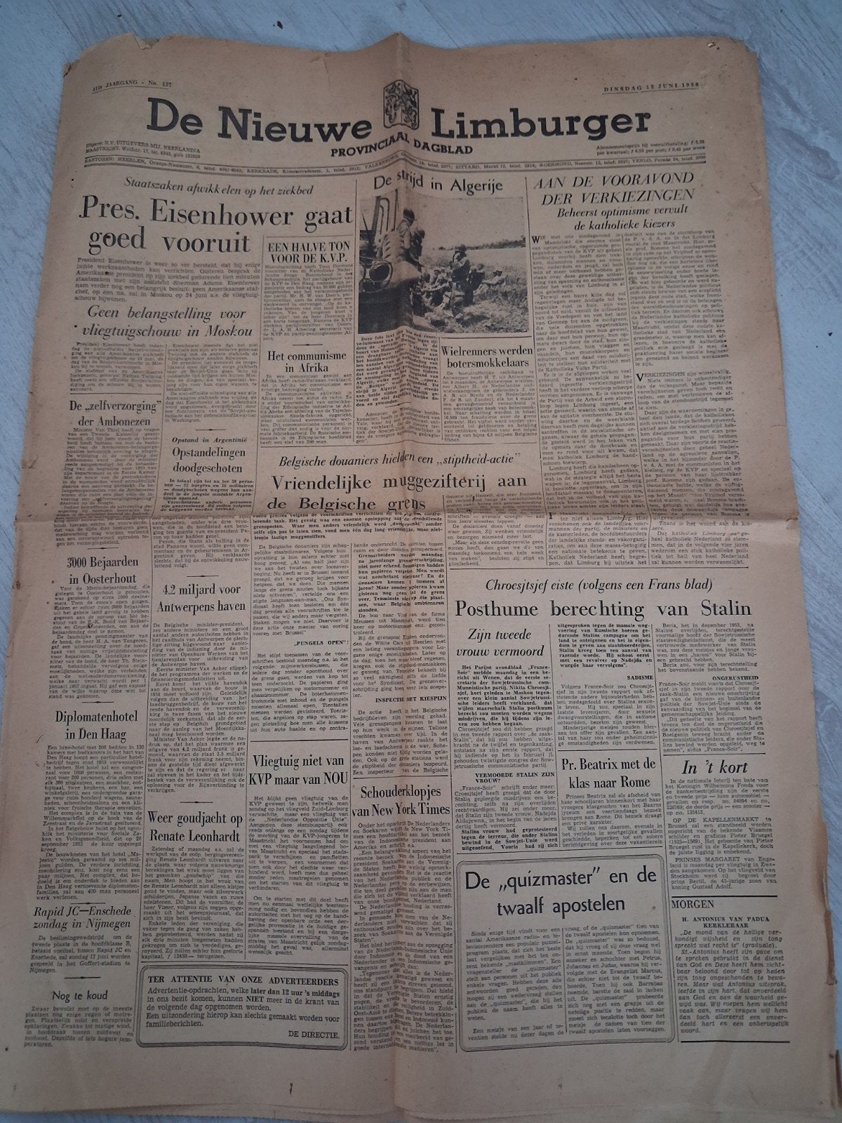 De Nieuwe Limburger Provinciaal Dagblad - 12 juni 1956, Boeken, Ophalen of Verzenden