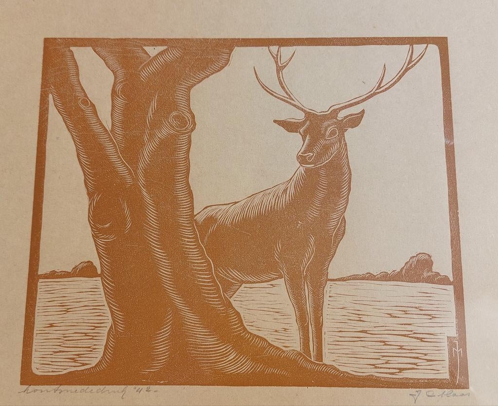 Houtsnededruk Jan Christiaan Maas 1942, Antiek en Kunst, Kunst | Etsen en Gravures, Ophalen of Verzenden