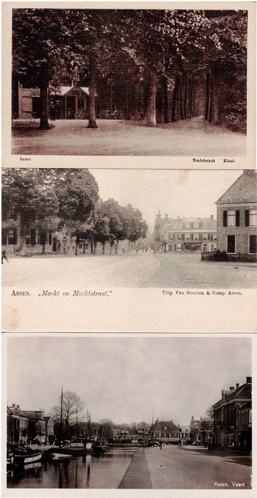 Oude ansichtkaarten Assen: Stadsbosch, Markt, Vaart, Verzamelen, Verzenden, Voor 1920, Gelopen, Drenthe