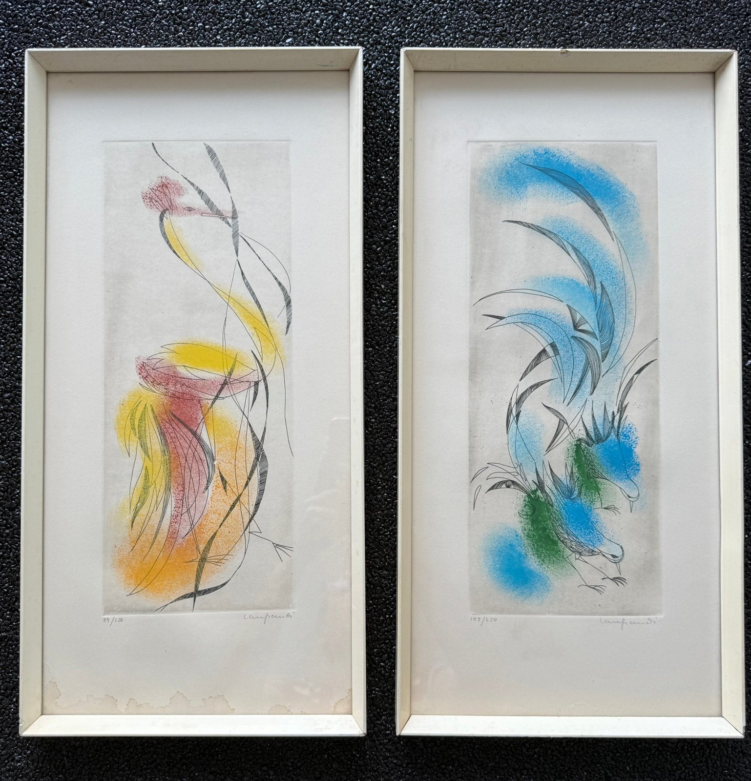 Set van 2 Etsen Gestileerde vogels - Gesigneerd Genummerd, Antiek en Kunst, Gelimiteerde oplage, Ophalen, Dieren en Natuur, Ets