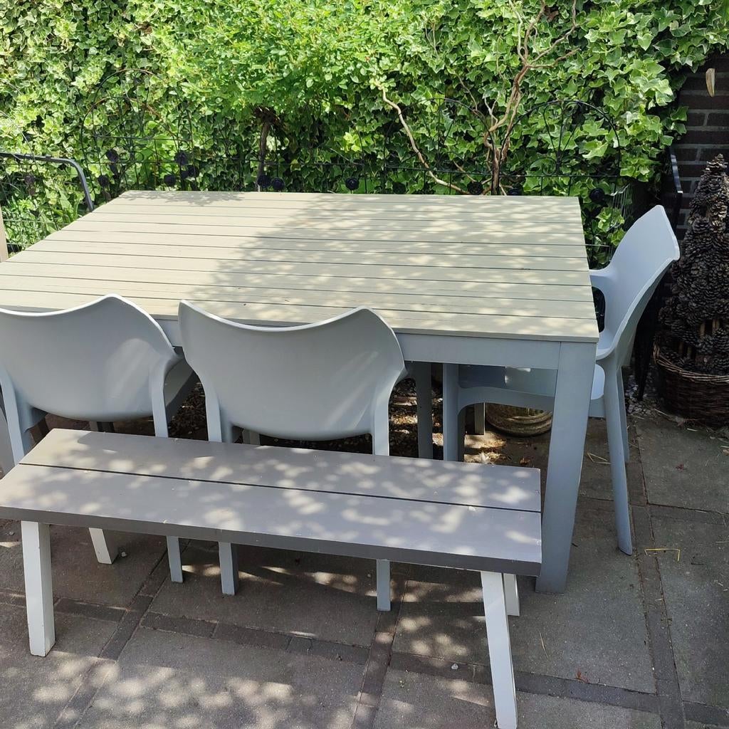 Tuinset alu / kunststof tafel + bankje + 3 stoelen 160x90, Ophalen, Gebruikt, Rechthoekig, Overige materialen