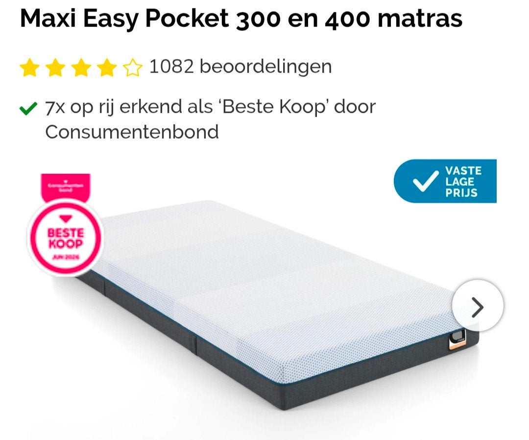 1-persoons matras Maxi Easy Pocket - Beste Koop Consumentenb, Huis en Inrichting, Ophalen, 90 cm, Eenpersoons, Nieuw