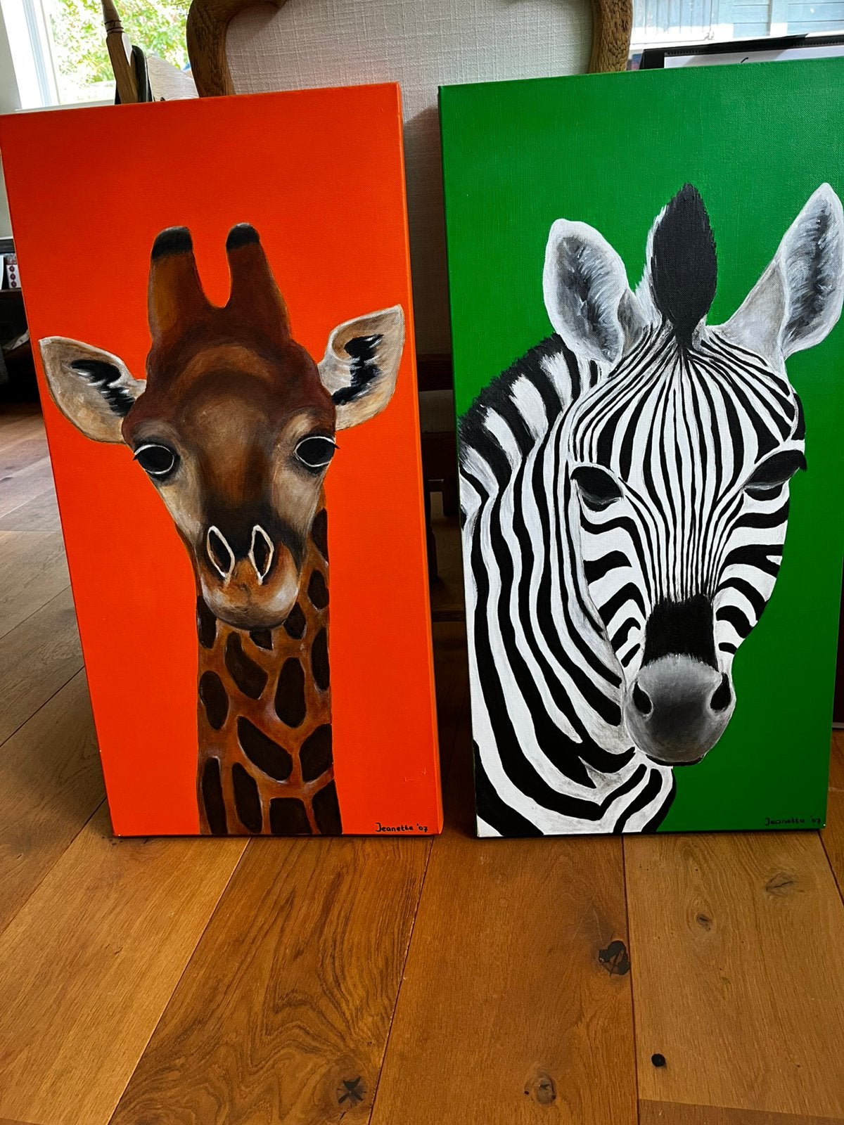 Twee schilderijen voor kinderkamer, Ophalen of Verzenden, Handgeschilderd, Acrylverf, Dieren