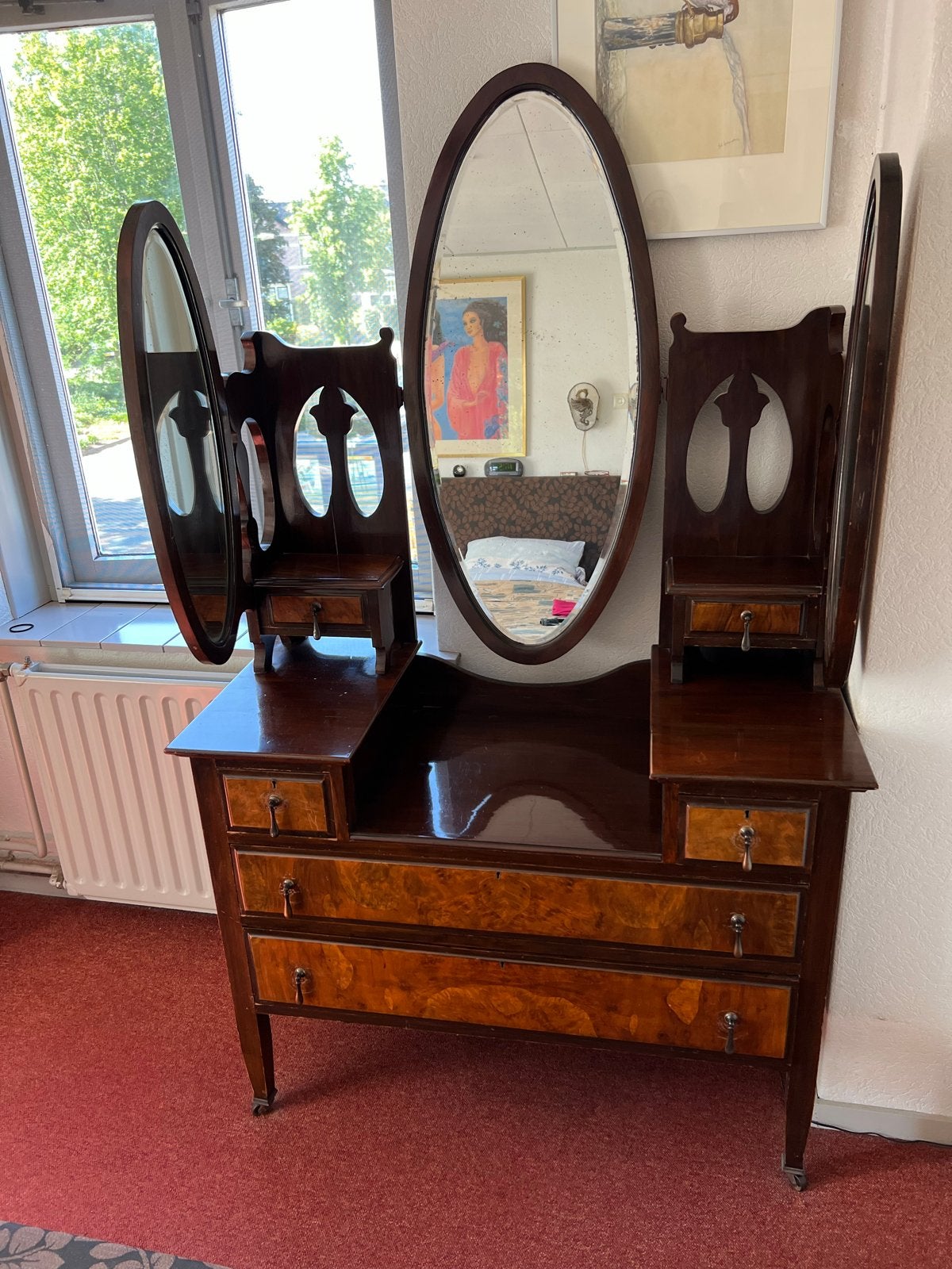 Antieke kaptafel met drie spiegels en lades, Ophalen