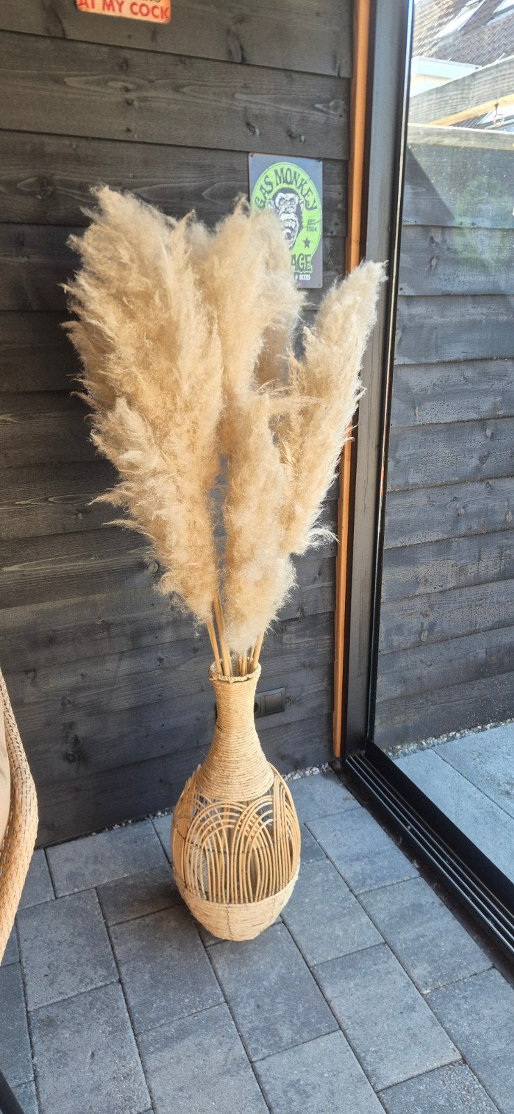 Pampasgras met rieten/gevlochten vaas, Ophalen, Zo goed als nieuw