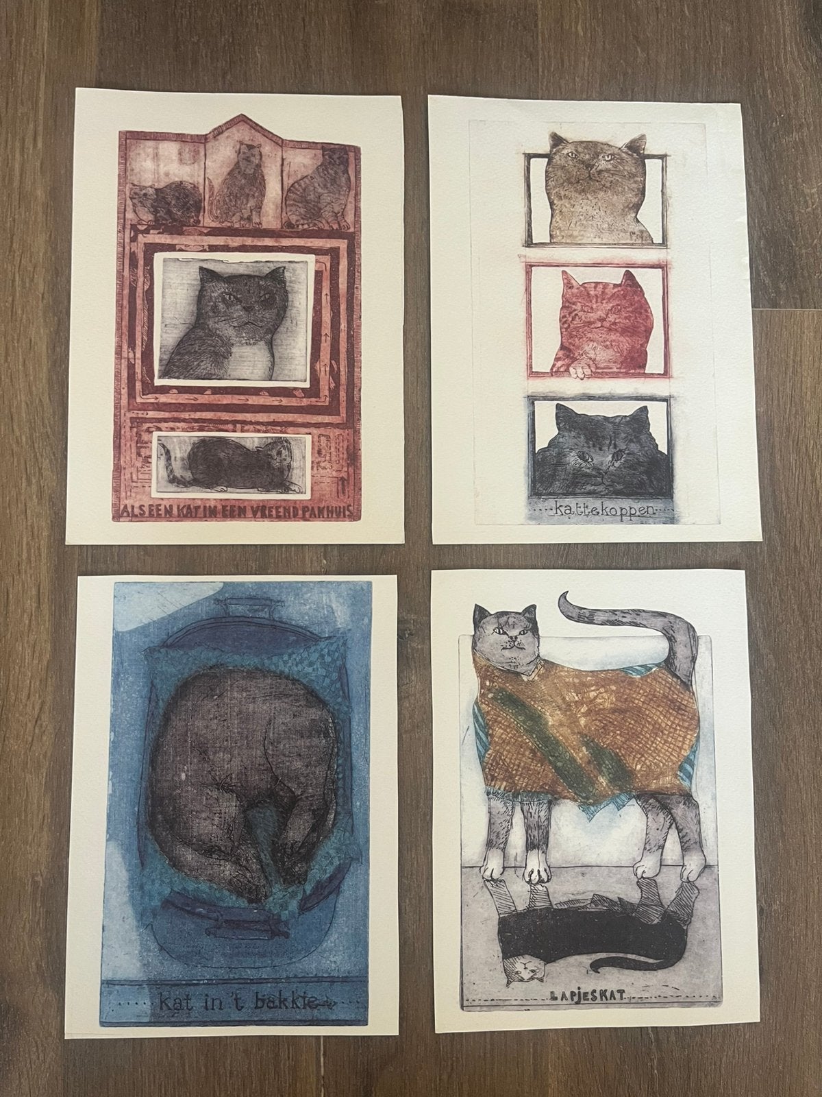 katten prenten met gezegdes door Karin Campfens, Antiek en Kunst, Kunst | Tekeningen en Foto's, Ophalen of Verzenden, Tekening