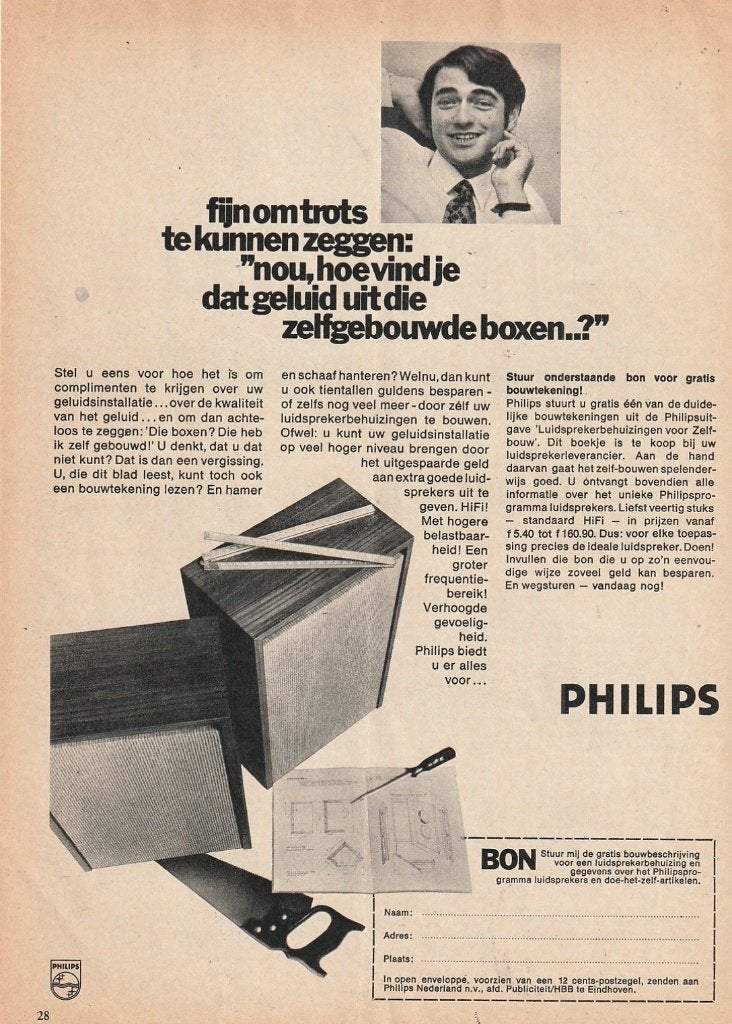 Retro reclame 1970 Philips boxen bouwpakket zelf maken, Verzenden, Overige typen