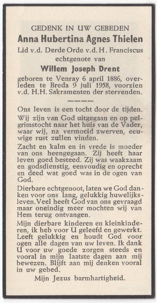 Anna H.A. Thielen 1886 Venray + 1958 Breda, 72 jaar oud, Verzenden