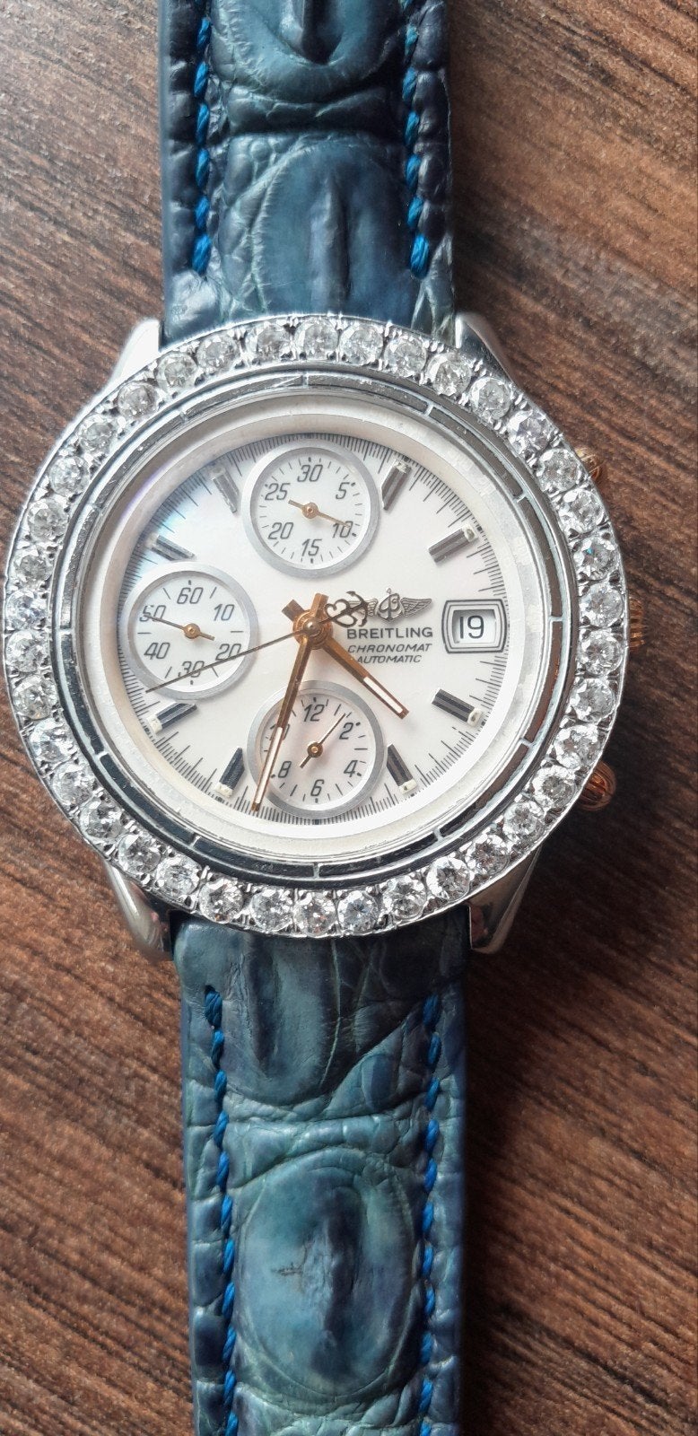 Breitling Chrononat Custom Diamond Mother of Pearl, Ophalen, Zo goed als nieuw, Staal, Breitling