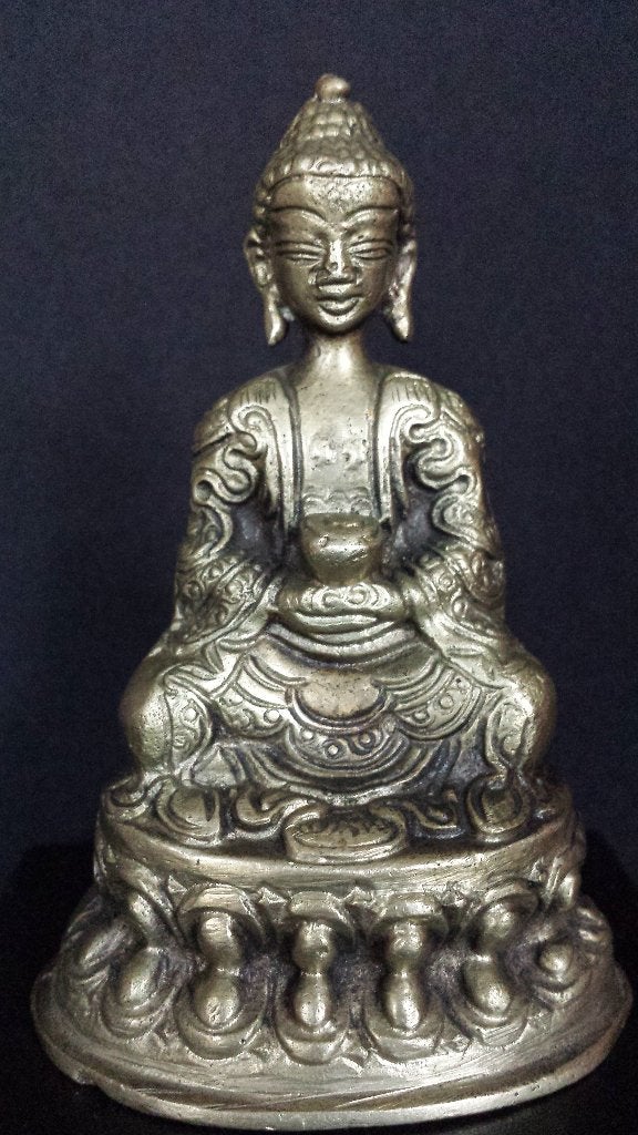 Mediterende BOEDDHA <> Zwaar Bronzen BEELDJE 10½ cm hoog, Metaal, 10 cm, Met sokkel, Ophalen of Verzenden
