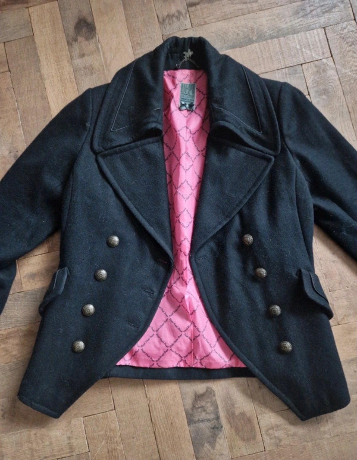 Dept Zwarte Wollen Jas met Roze Voering - Maat XL, Kleding | Dames, Verzenden, Zo goed als nieuw, Maat 46/48 (XL) of groter, Zwart