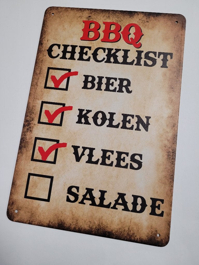 BBQ Checklist bier kolen vlees reclamebord van metaal deco, Info@deconoord.nl, Deco Noord, Nieuw, Ophalen of Verzenden