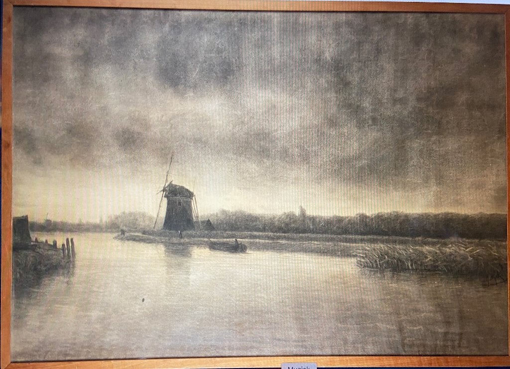 P.J. Mak, prent van molengezicht met waterboezem., Paneel, Nederlandse school, Overige technieken, Ophalen of Verzenden