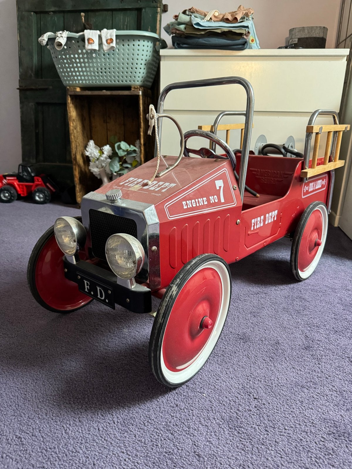 Vintage metal brandweer trapauto, Kinderen en Baby's, Speelgoed | Speelgoedvoertuigen, Ophalen, Gebruikt