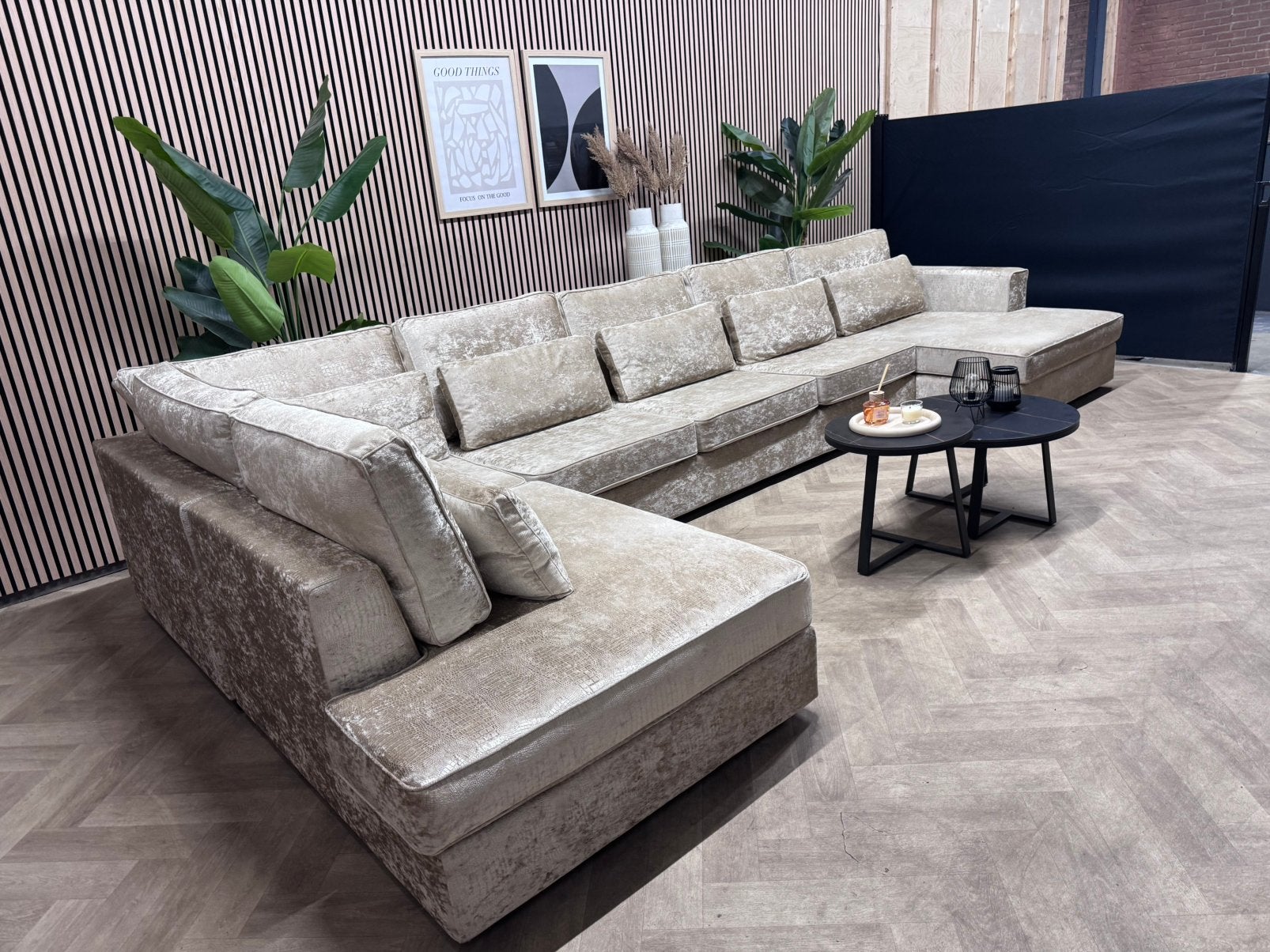 ZGAN Luxe XXL Croco Velvet U-Bank/Hoekbank - Beige - 463cm, -, -, Hoekbank, 300 cm of meer