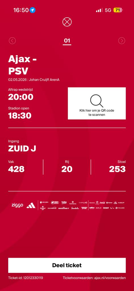 Ajax psv ticket, Tickets en Kaartjes, Eén persoon, Februari
