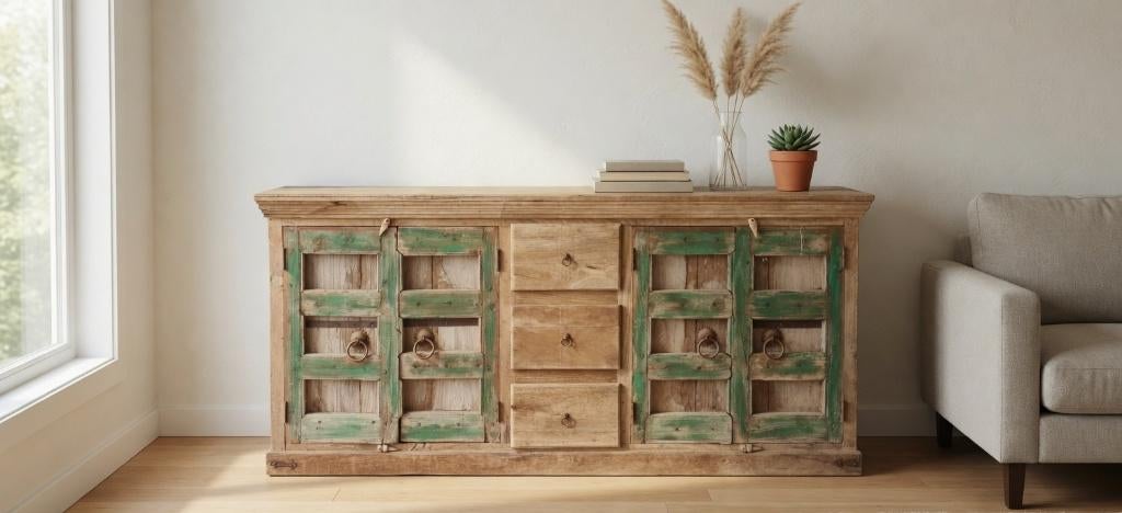 Groot India / Ibiza dressoir, Huis en Inrichting, Kasten | Dressoirs, Gebruikt, 200 cm of meer, 50 tot 75 cm, Met lade(s), Met deur(en)